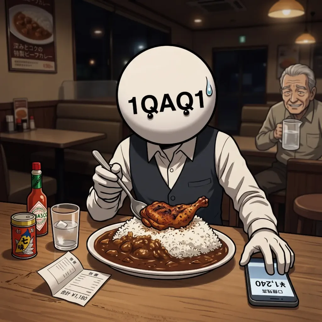 お金ないのにカレーライス（大盛り）とトッピングのミニスパイス焼きを頼んでしまって震えている。